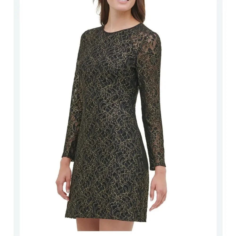 Tommy Hilfiger black gold lace semi formal dress 14